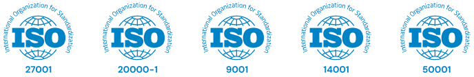 ISO 27001, ISO 20000-1, ISO 9001, ISO 14001, ISO 50001